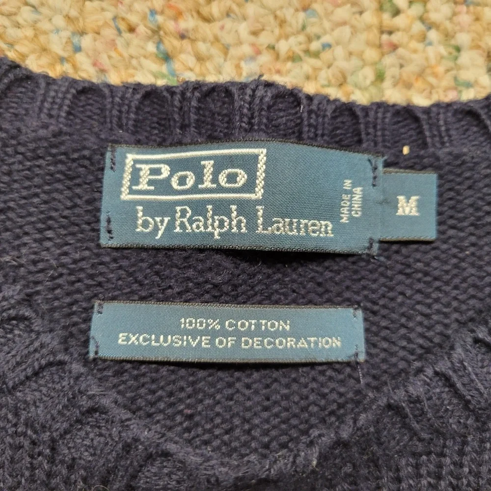 Polo Ralph Lauren Sweater Mens Medium Blue Knit Heavy Fisherman Cotton Pony Prep